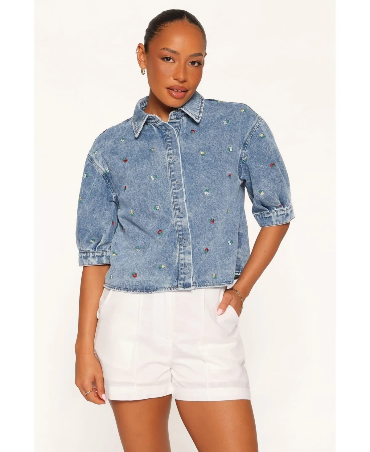 Petal & Pup Nerys Embroidered Denim Spread Collar Short-Sleeve Shirt by Petal & Pup