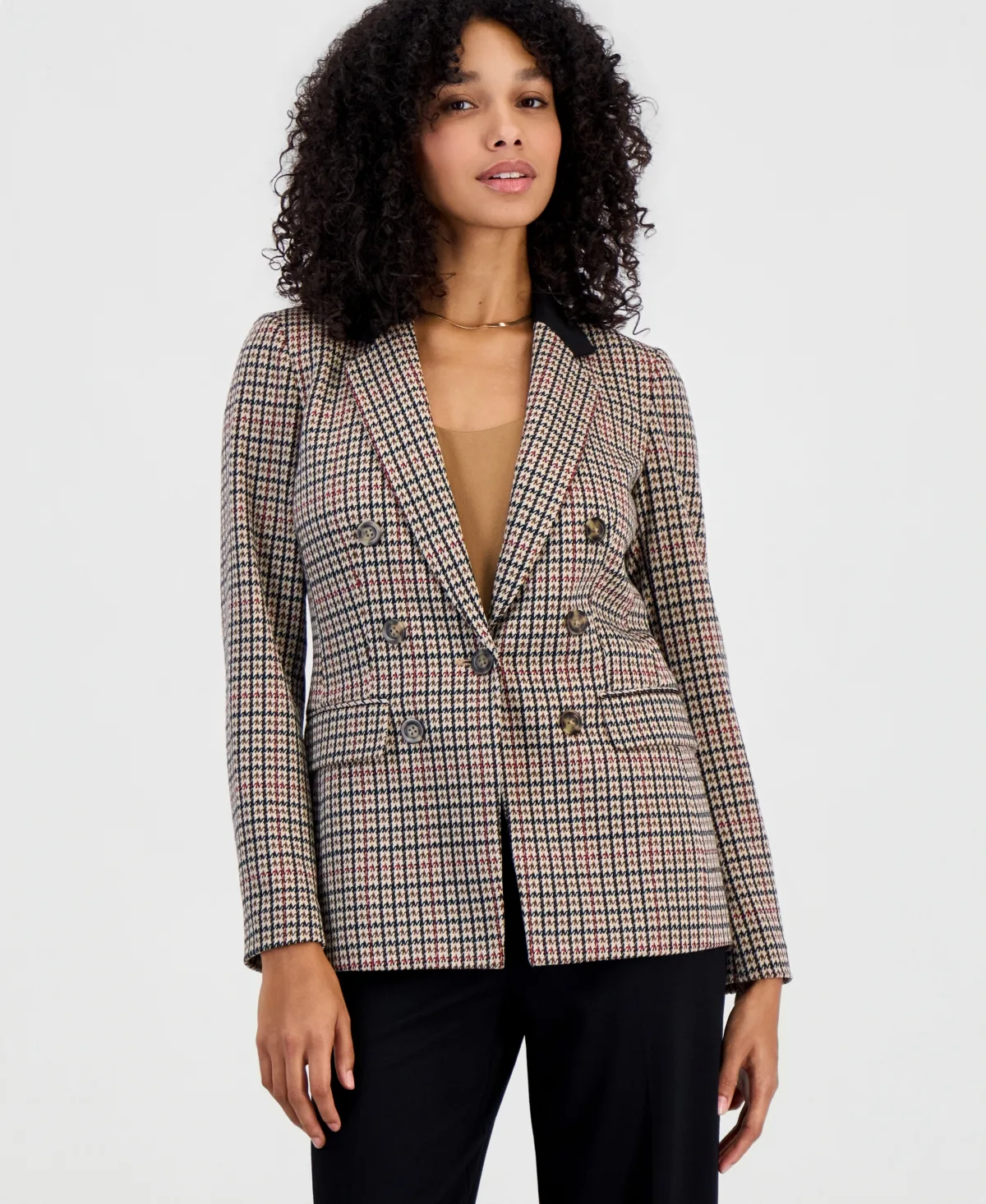 Plaid Faux Double-Breasted Notch Collar Blazer