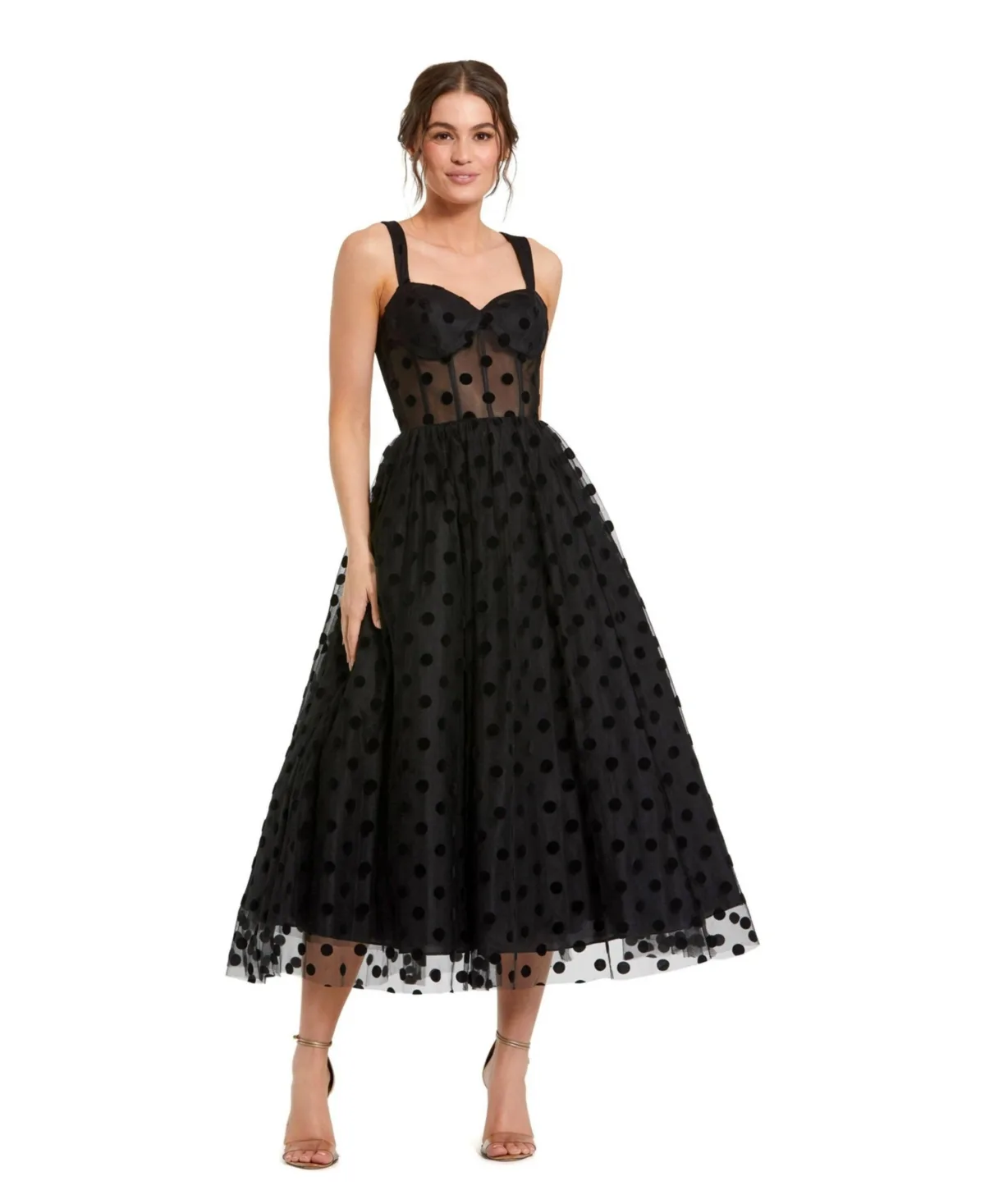 Mac Duggal Polka Dot Net Bustier A-Line Midi Dress by M.A.C.