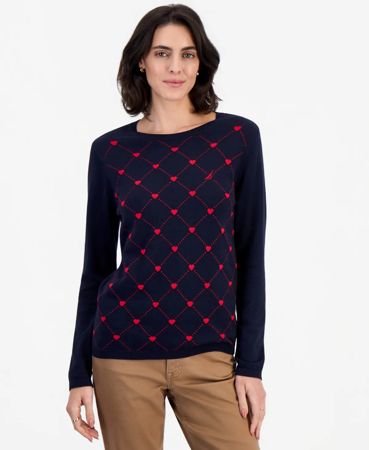 Argyle Hearts Crewneck Long-Sleeve Cotton Sweater by Nautica