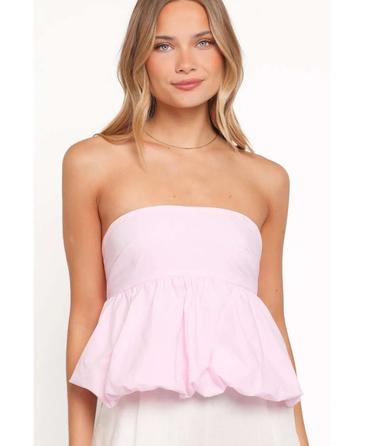 Yvanna Bubble-Hem Strapless Side-Zip Top by Petal & Pup