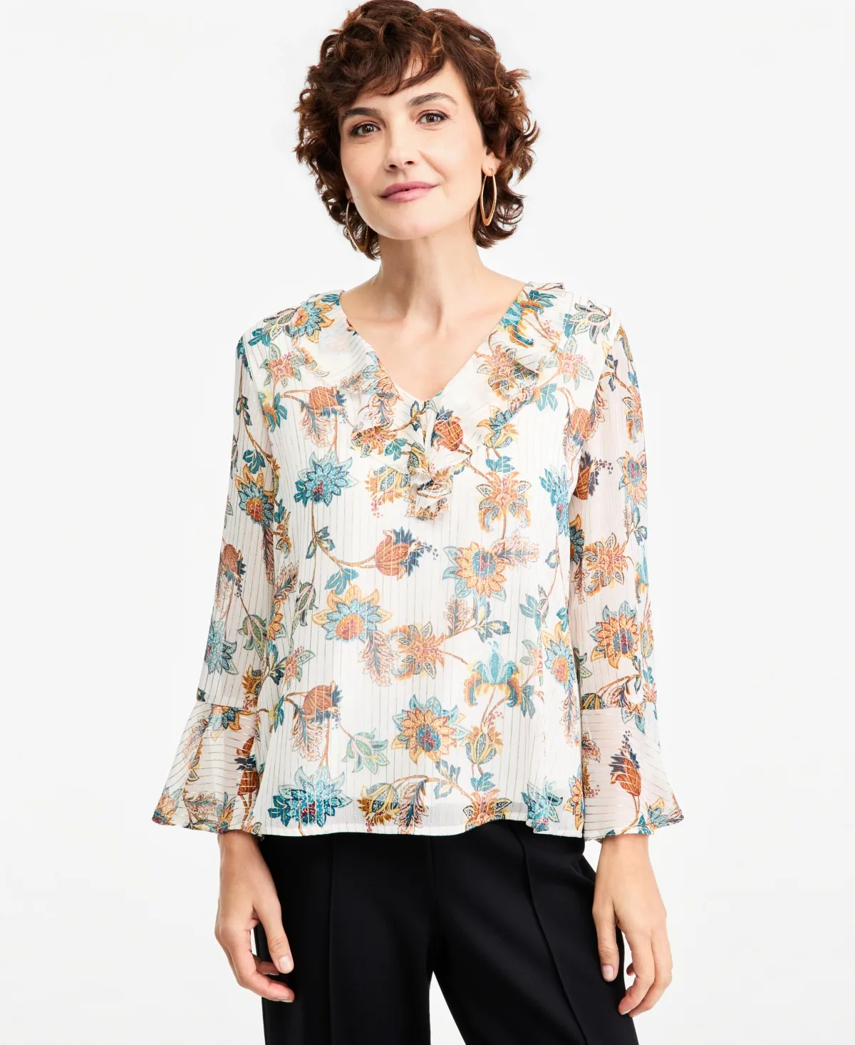 Shine Floral V-Neck Bell Sleeves Printed Blouse by JM Collection