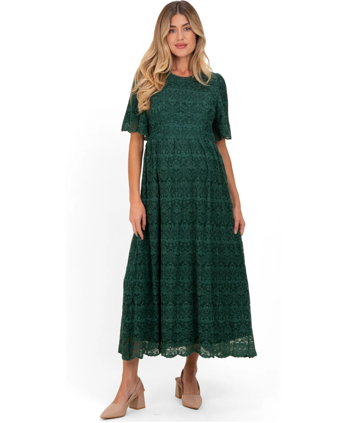 Maternity Floral Flutter-Sleeve Midi Lace Dress by PinkBlush