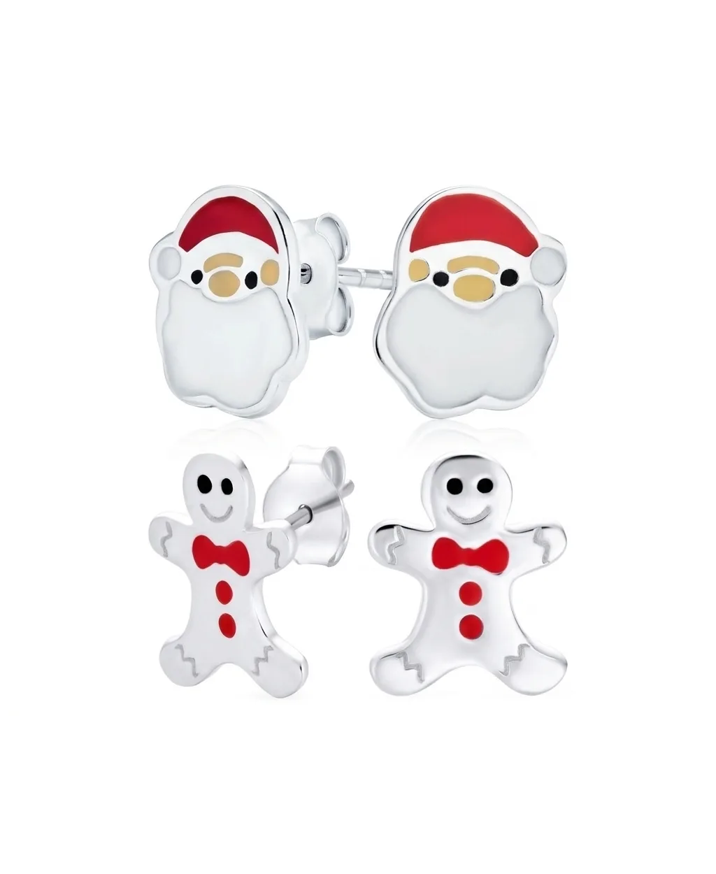 Sterling Silver Enamel Gingerbread Man and Santa Claus Stud Earrings Set by Bling Jewelry