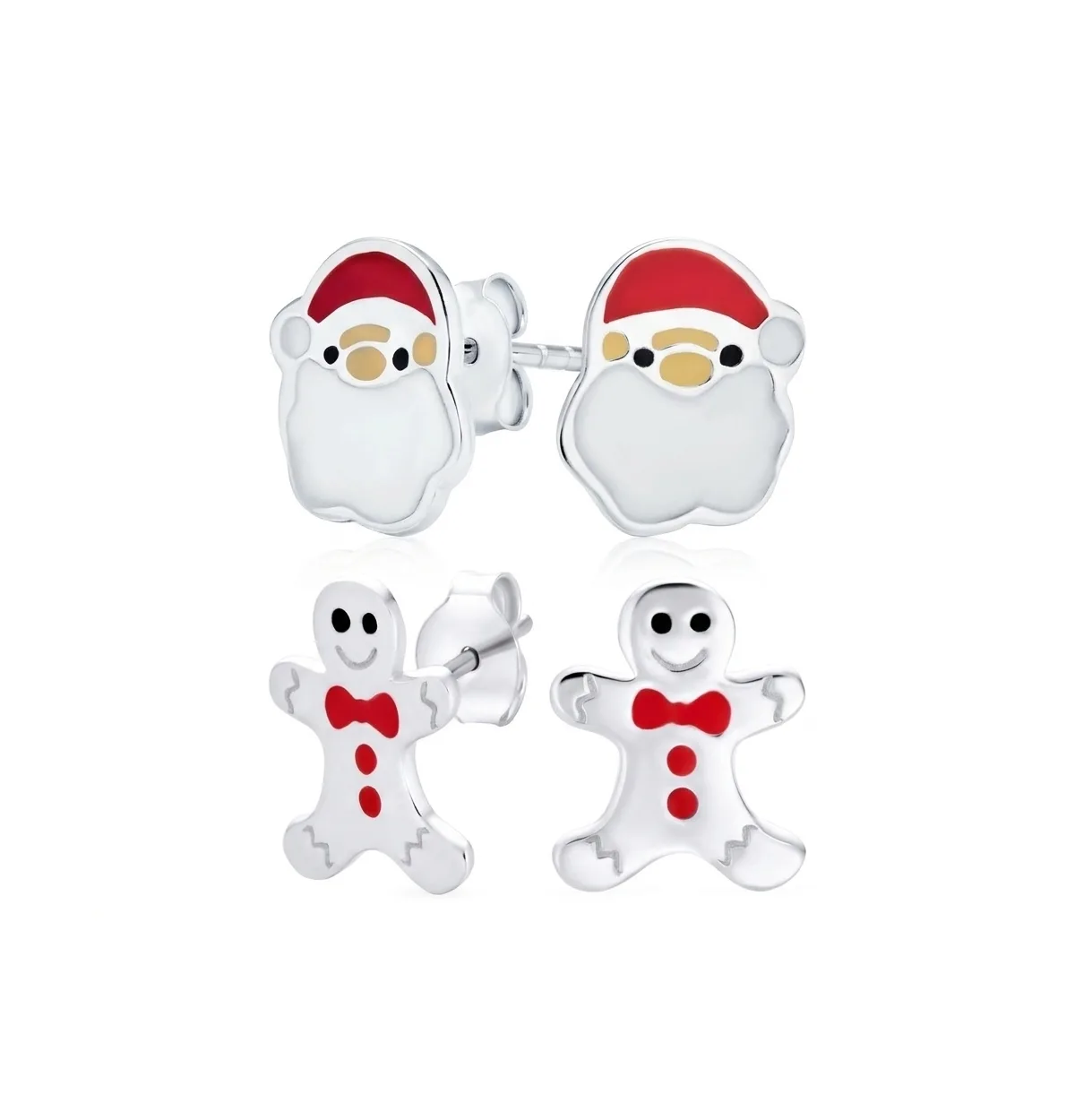 Sterling Silver Enamel Gingerbread Man and Santa Claus Stud Earrings Set by Bling Jewelry