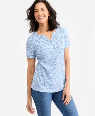 Printed Short Sleeve Henley Top by Style & Co