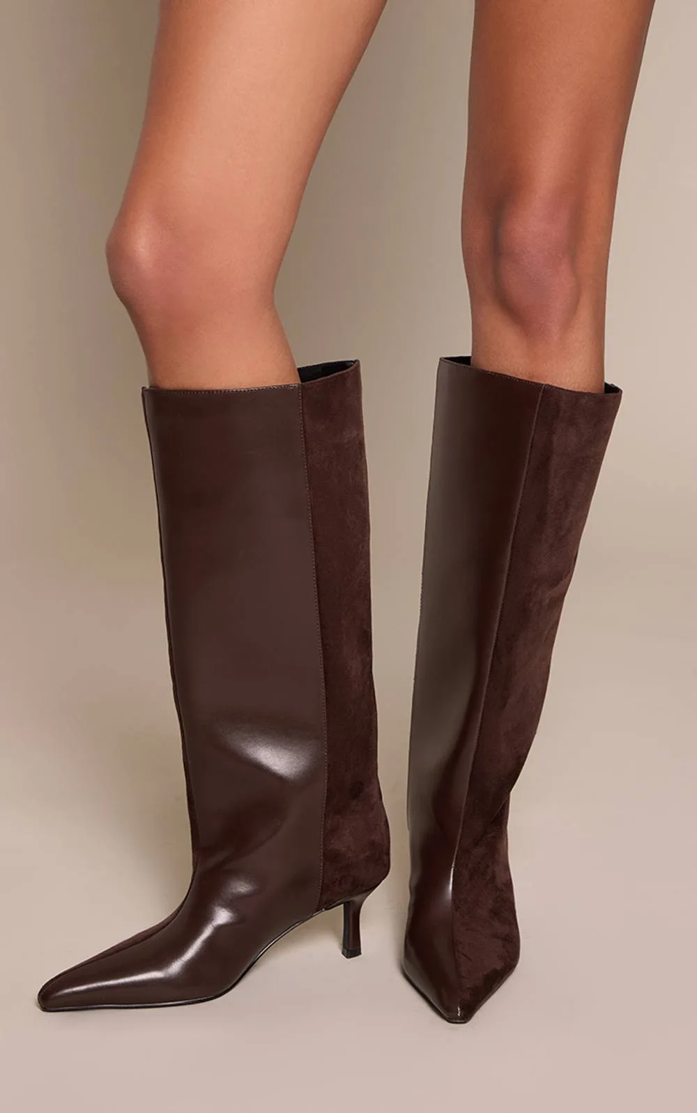 PU Tan Suede Contrast Heeled Knee High Boot by PrettyLittleThing