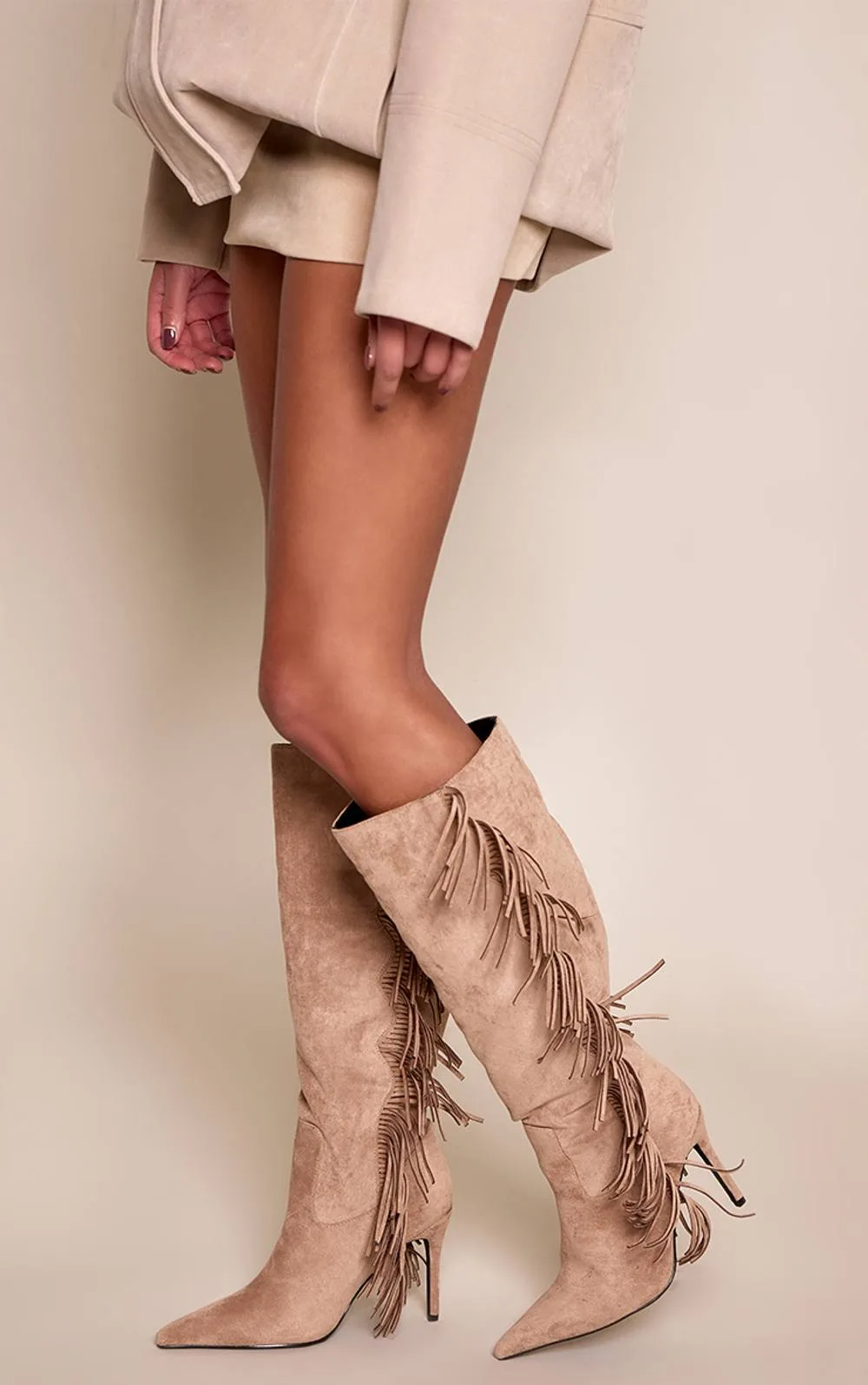 Faux Suede Fringe Heeled Knee High Boots