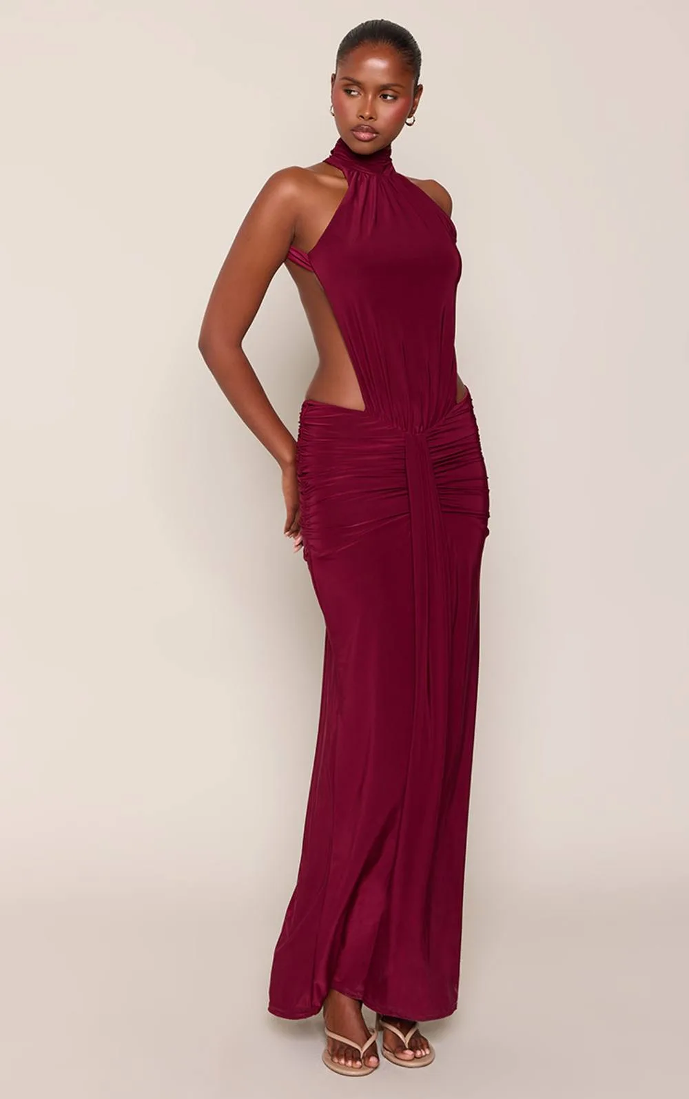 Slinky High Neck Drape Detail Backless Maxi Dress