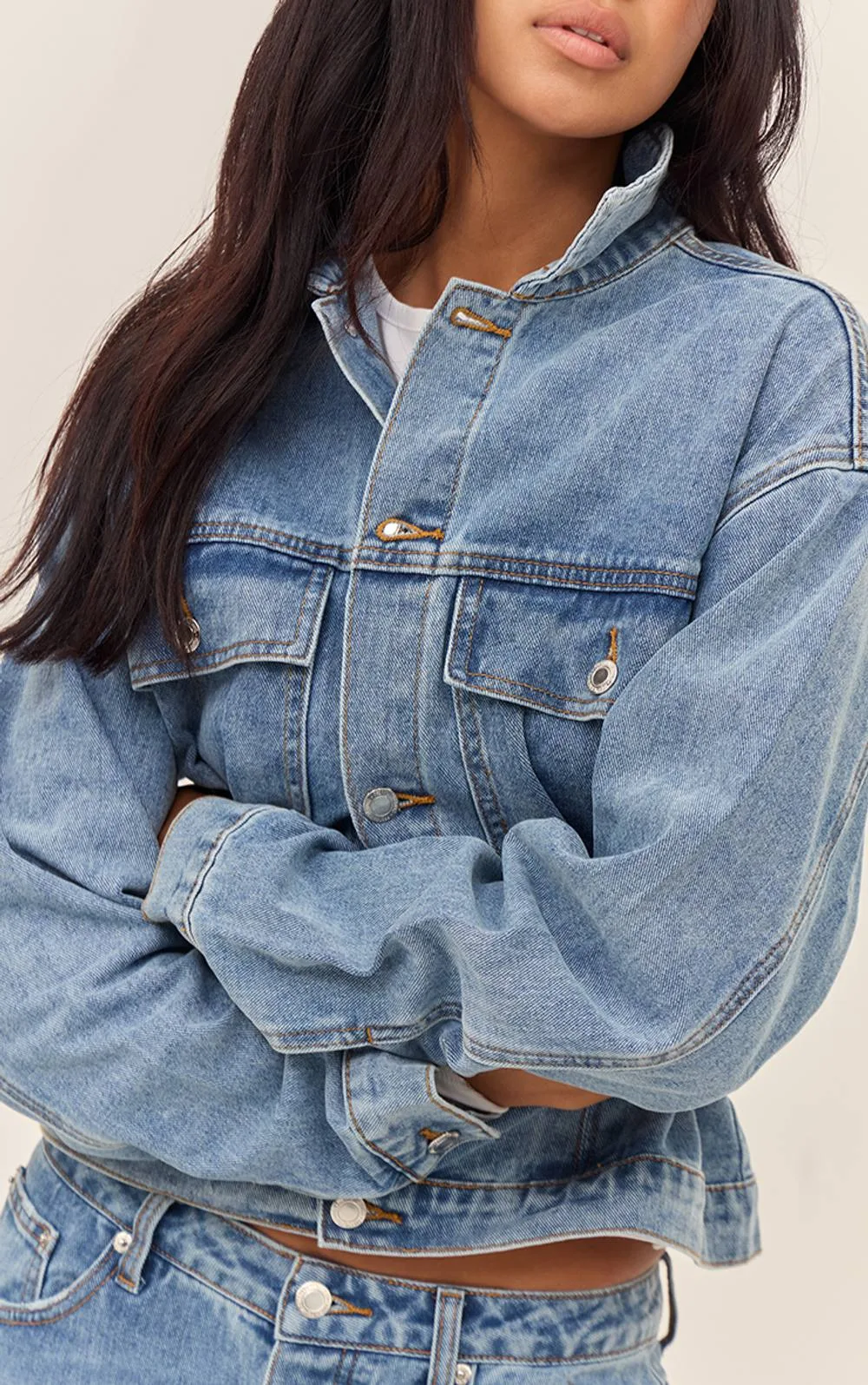 Pleated Cinch Back Denim Jacket