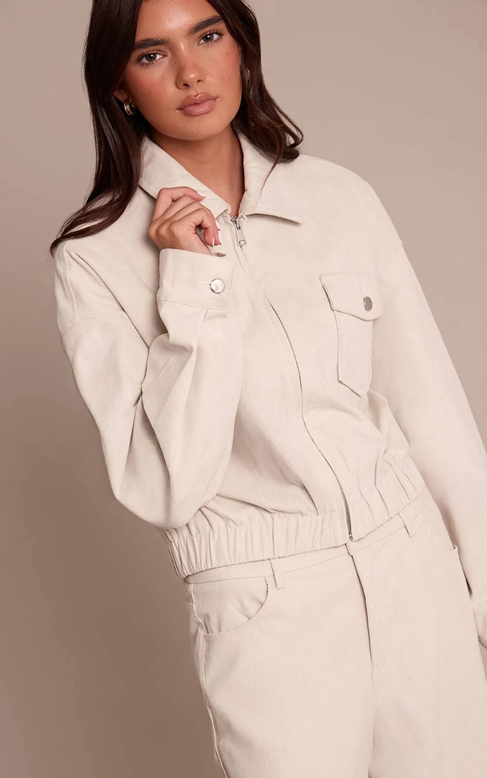 Cord Cropped Zip Jacket Co-Ord by PrettyLittleThing