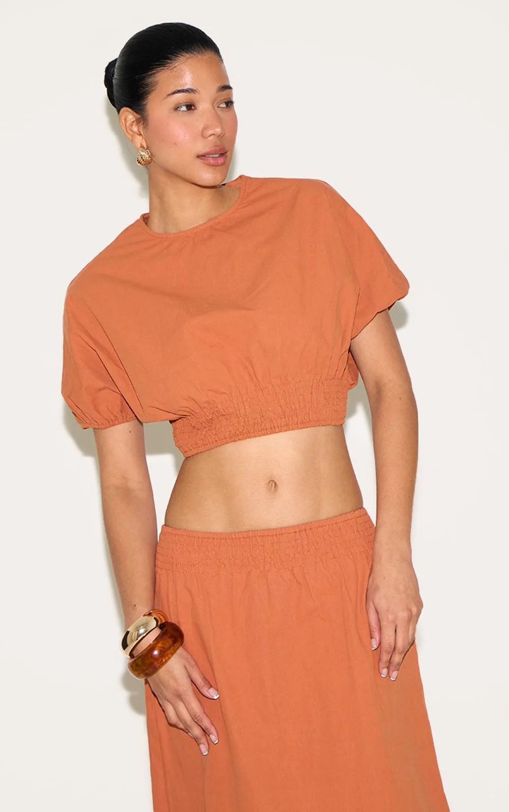 Sheered Waist Cap Sleeve Crop Top Co-Ord