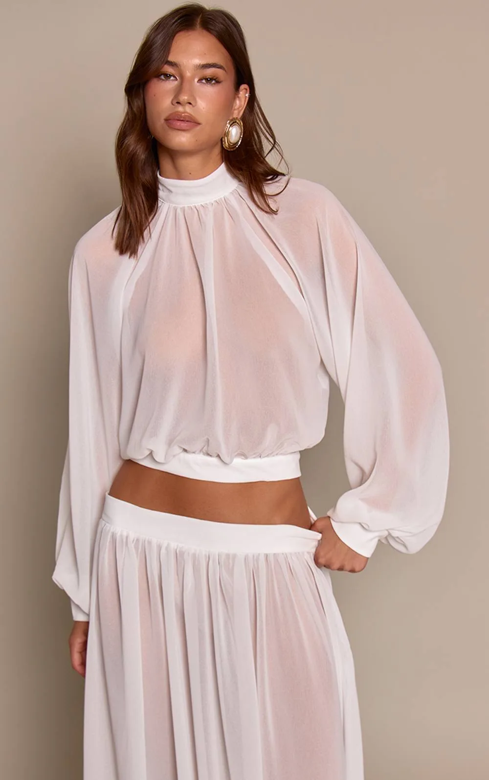 Sheer Chiffon Balloon Sleeve Open Back Blouse Co-Ord by PrettyLittleThing