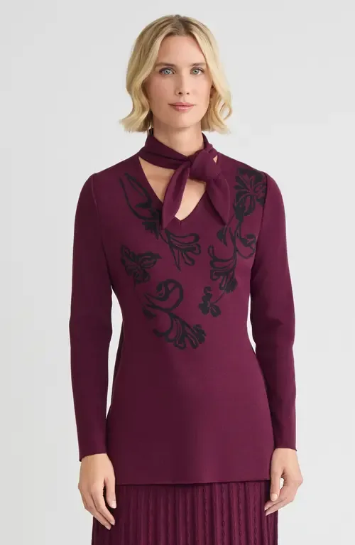 Tie-Neck Floral Jacquard Soft Knit Tunic by Ming Wang