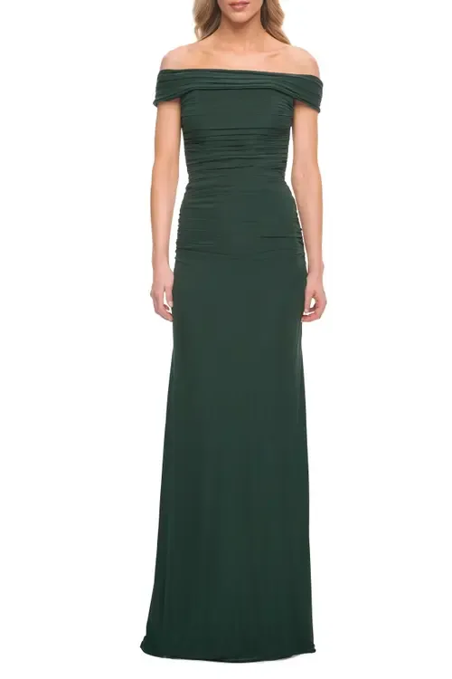 Off the Shoulder Ruched Net Jersey Evening Dress by La Femme