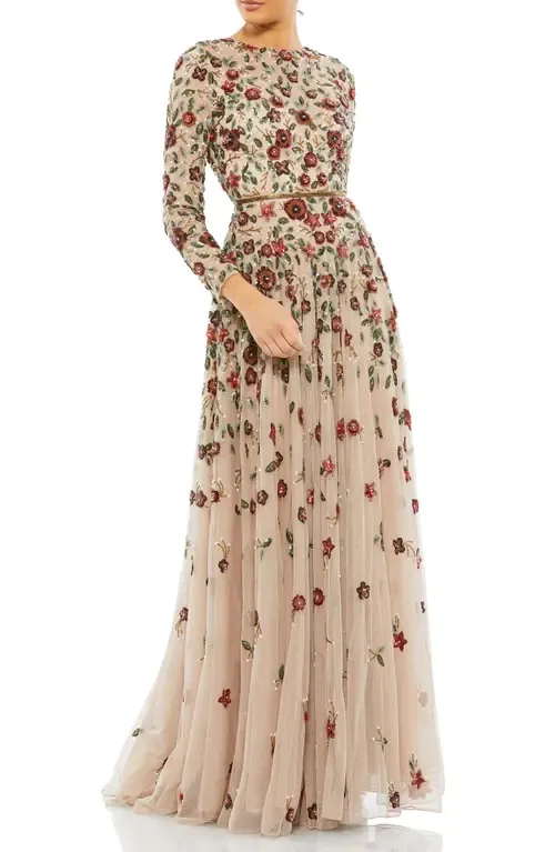 Embellished High Neck Long Sleeve a Line Gown by Mac Duggal