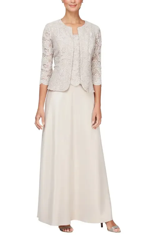 Embroidered Lace Mock Two-Piece Gown with Jacket