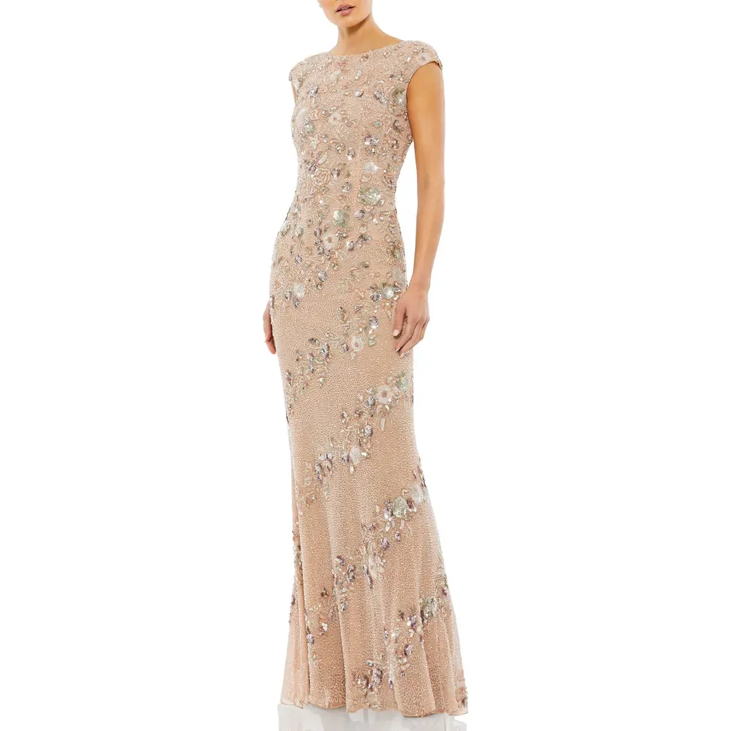 Floral Embellished Cap Sleeve Sheath Gown