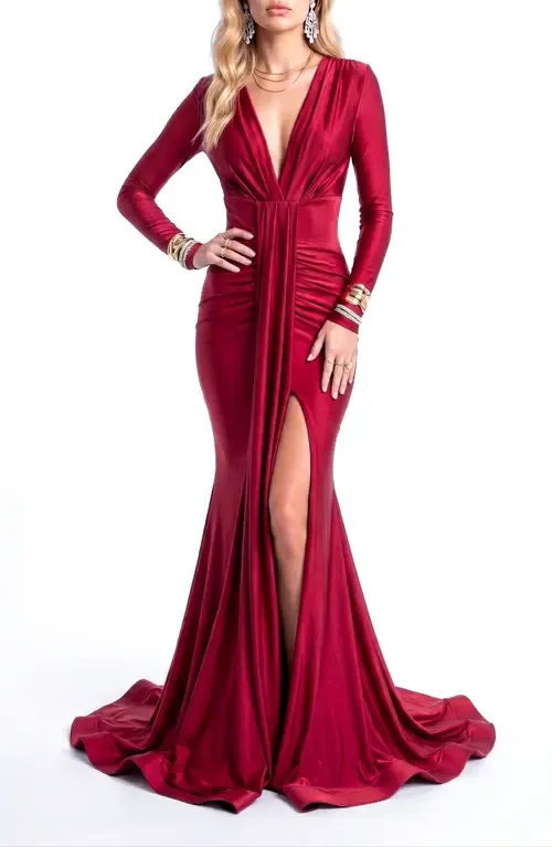 Ruched Long Sleeve Slit Mermaid Gown by Jessica Angel