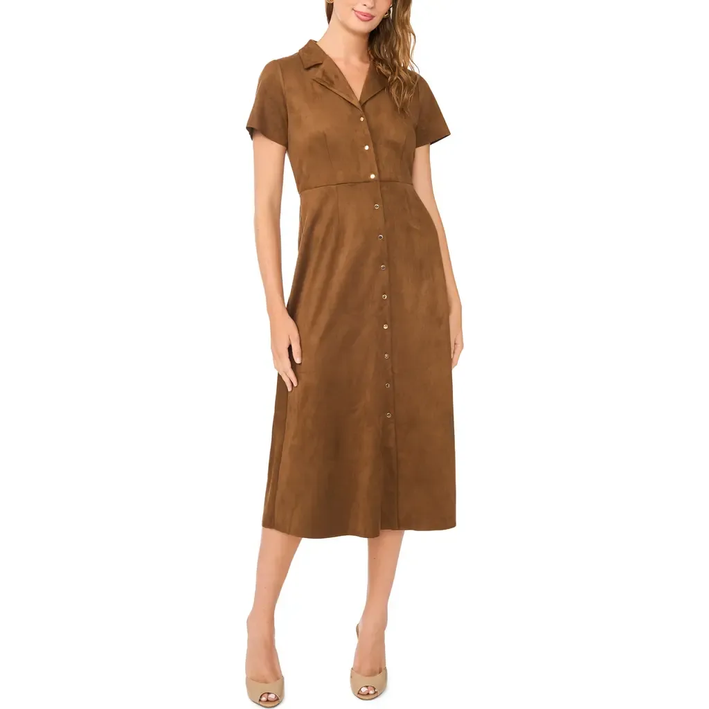 Short Sleeve Faux Suede Midi Shirtdress by Vince Camuto