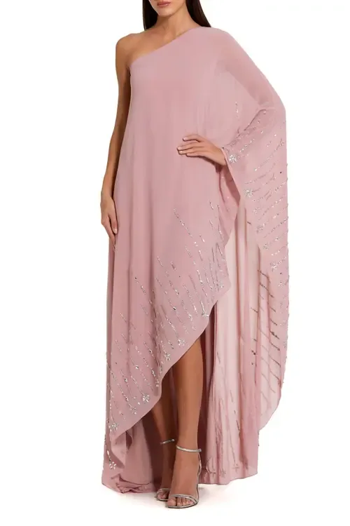 One Shoulder Georgette Beaded Trim Kaftan Gown by Mac Duggal