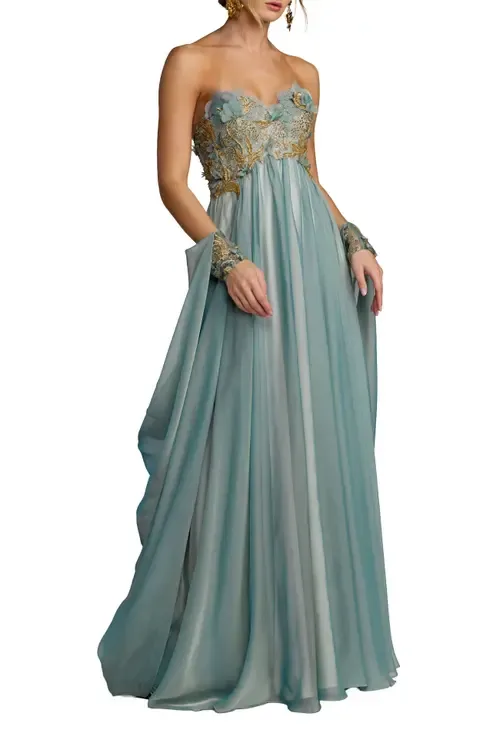 Strapless Floral Embroidered Chiffon Gown by Mac Duggal