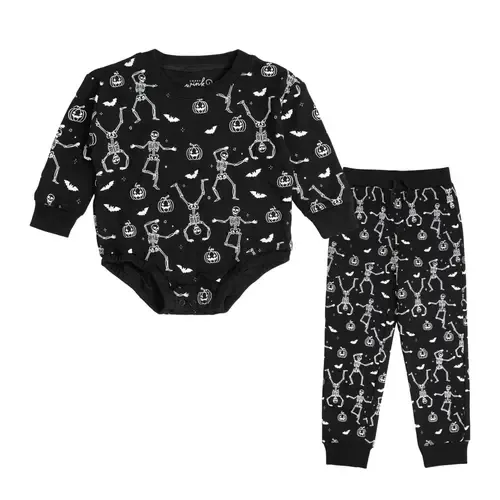 Glow in the Dark Silly Skelly Halloween Long Sleeve Romper & Jogger Set by Sweet Wink