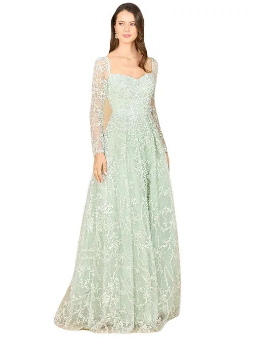 Long Sleeve Beaded Lace Gown by LARA New York