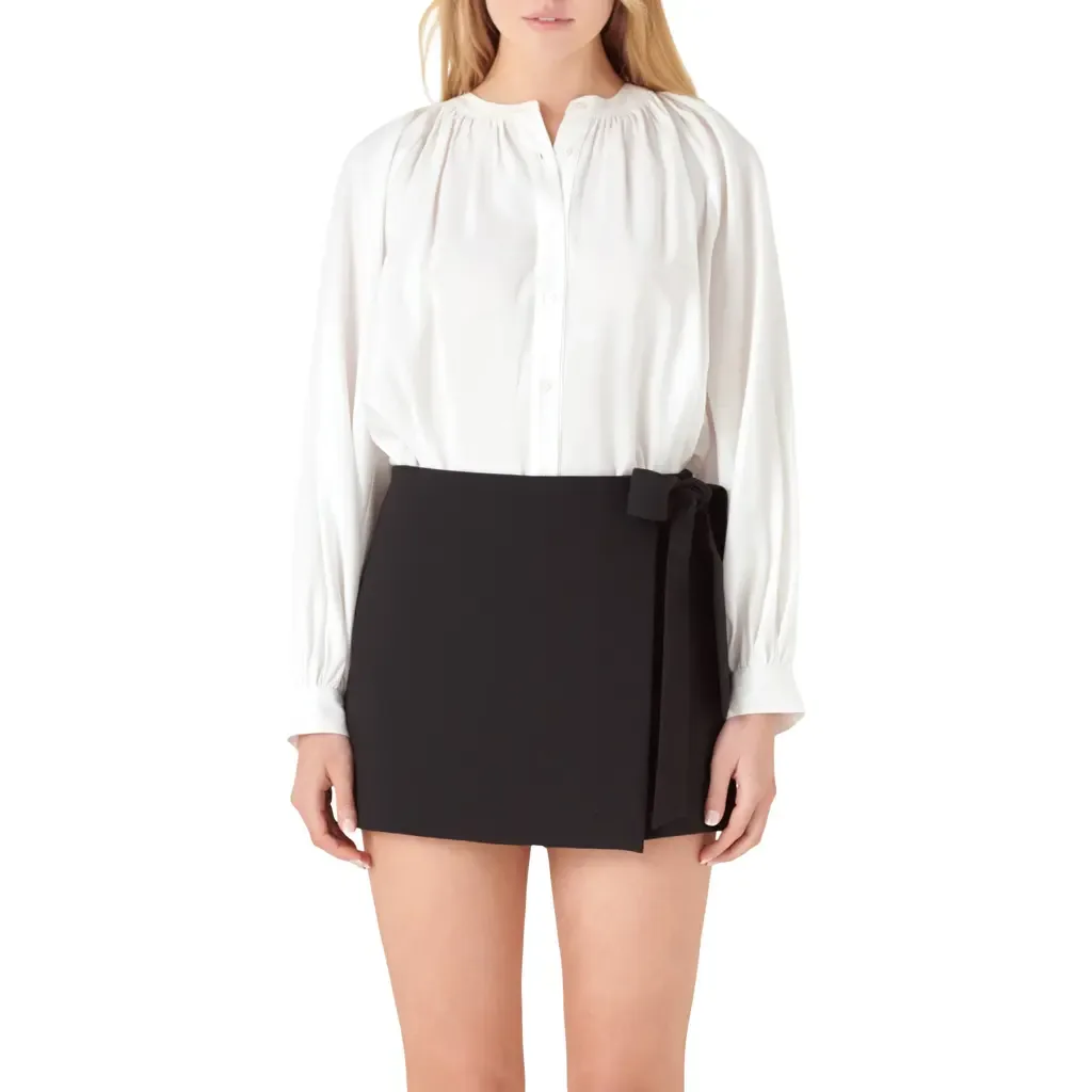 Shirred Long Sleeve Button-Up Shirt by English Factory