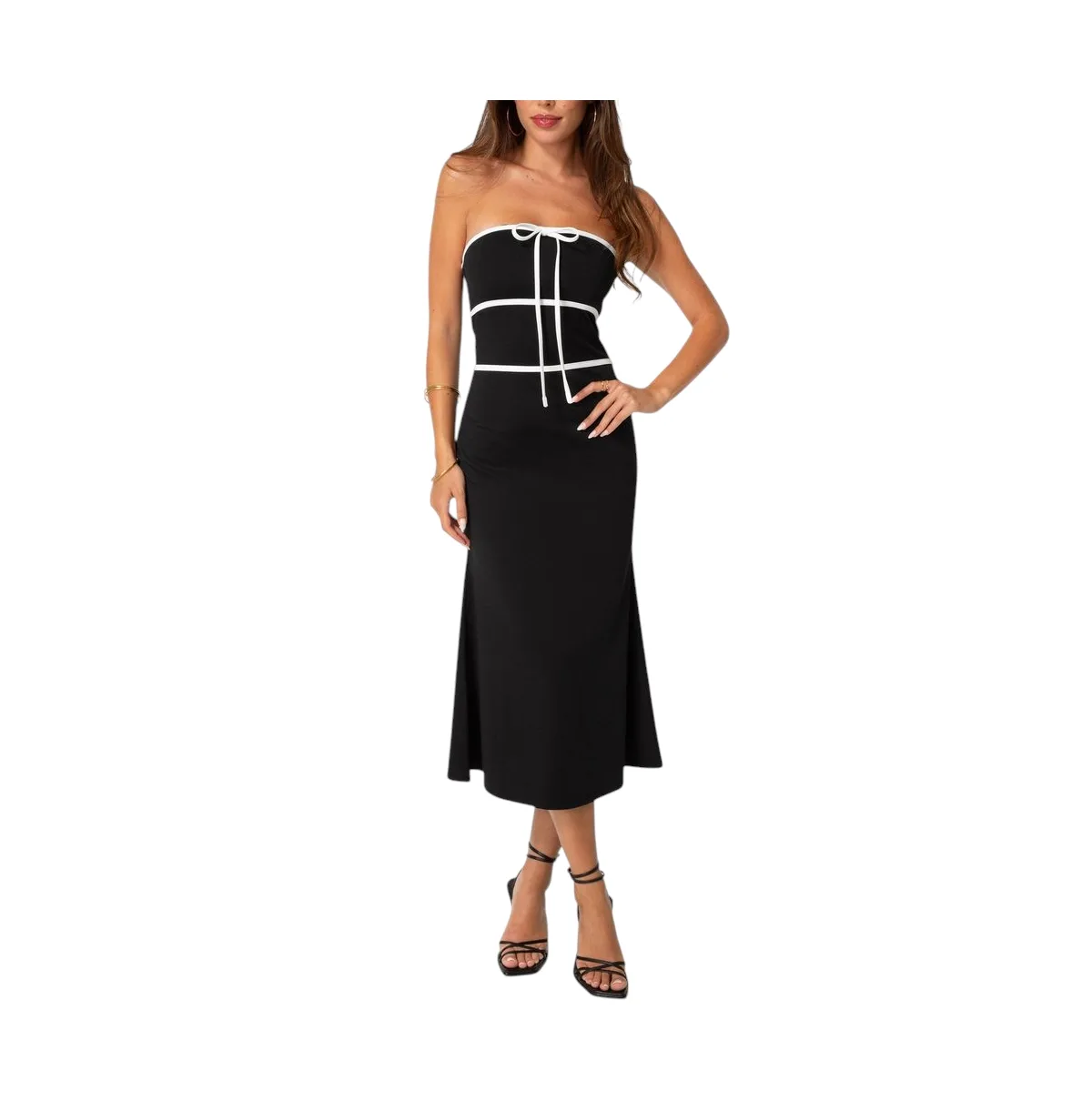 Strapless Tie Detail Midi Flutter Dress by bebe