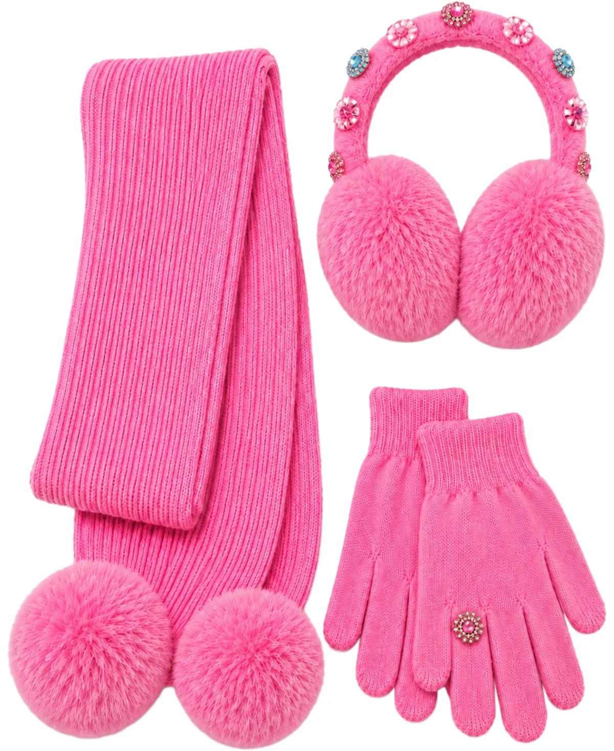 Rhinestone Pom-Pom Faux-Fur Earmuffs, Scarf and Gloves, 3-Piece Set by Rainbow