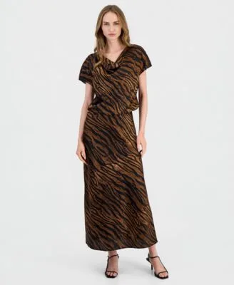 Cowl Neck Animal Print Blouse a Line Midi Skirt by Anne Klein