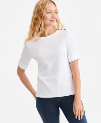 Pima Cotton Boat Neck Elbow Sleeve Top