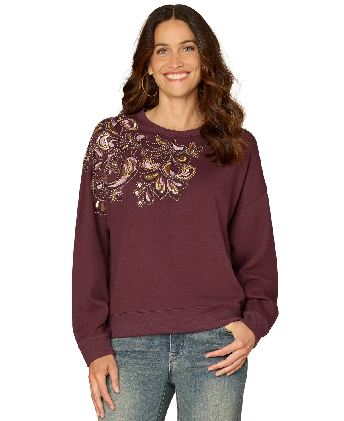 Beaded Crewneck Long-Sleeve Sweatshirt by Democracy
