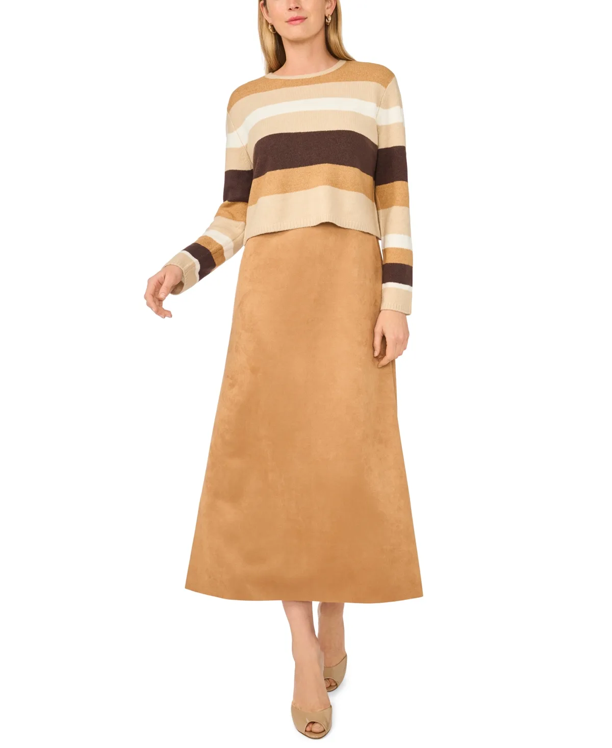 Long-Sleeve A-Line Midi Striped Faux Suede Dress and Sweater, 2-Piece Set by Msk