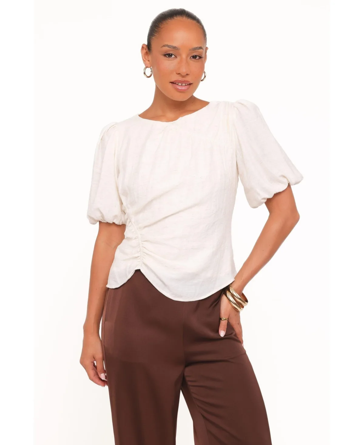 Laurel Puff-Sleeve Boat-Neck Blouse by Petal & Pup