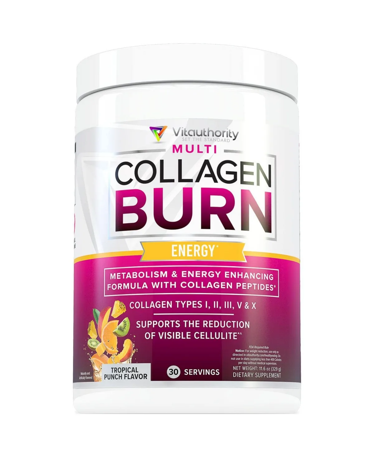Multi Collagen Burn Energy Powder, Tropical Punch Flavor, 30 Servings by Vitauthority