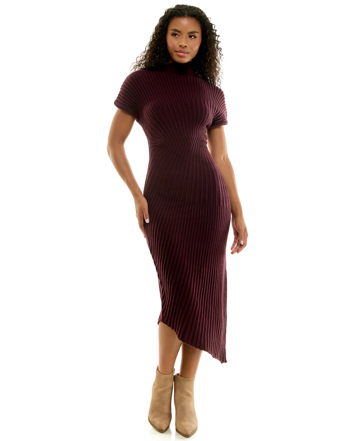 Mock-Neck Ribbed Asymmetric-Hem Midi Dress by Invitee