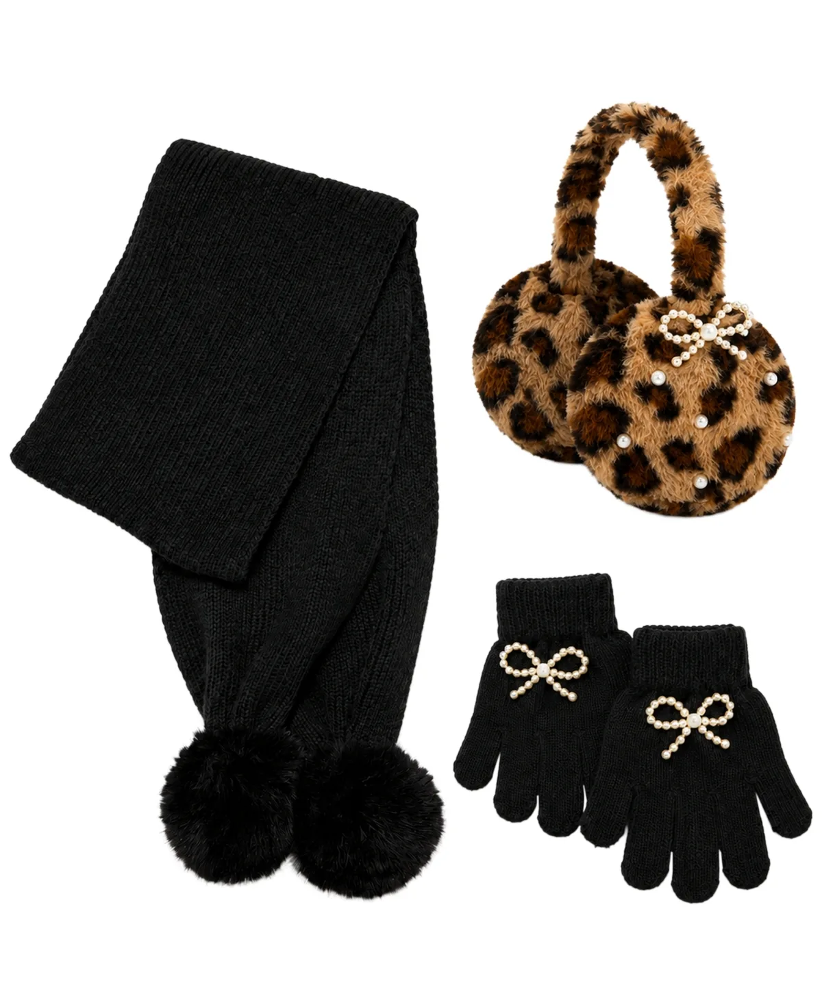 Leopard Bow Earmuffs, Scarf and Gloves, 3-Piece Set by Rainbow