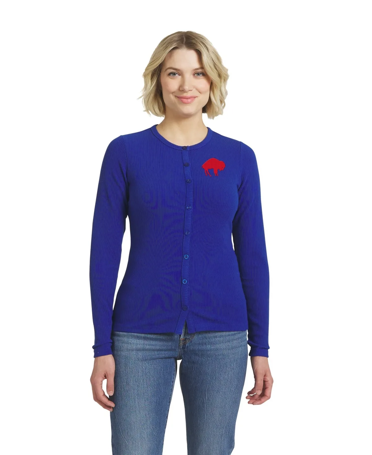 Buffalo Bills Ribbed Crewneck Long-Sleeve Cardigan by Wear by Erin Andrews