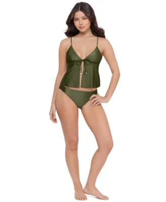 Tie Front Crop Tankini Top Pull on Swim Hipster Bottoms by Steve Madden