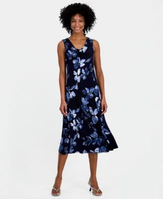 Printed Drape Neck Sleeveless Midi Dress