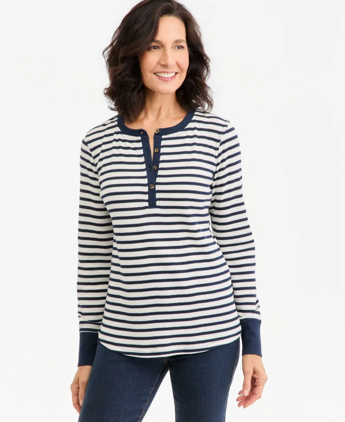 Stripe Long-Sleeve Waffle Henley Top