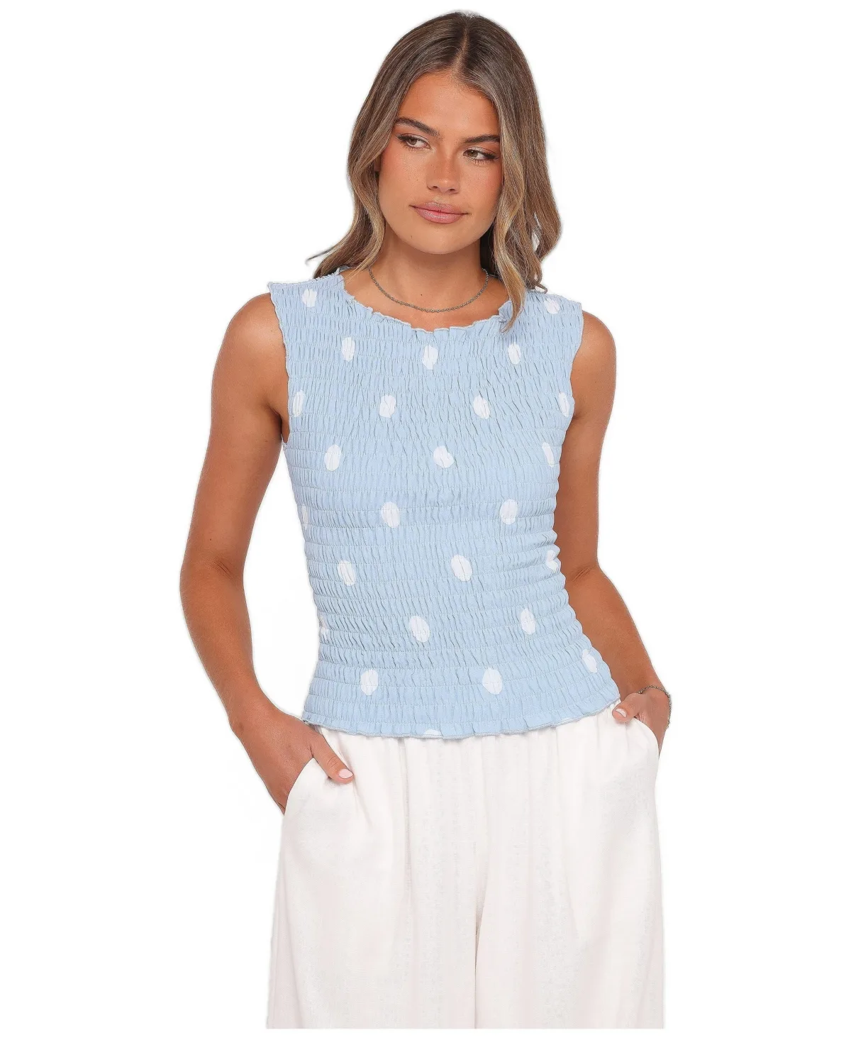 Zoya High-Neck Open-Back Polka-Dot Top by Petal & Pup