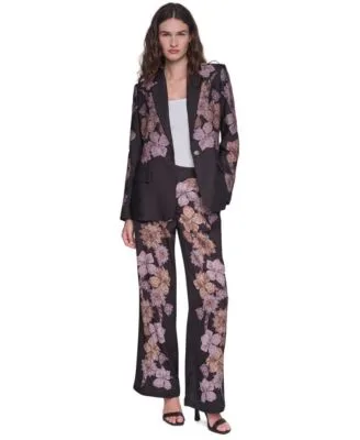 Placed Print Long Sleeve Short Blazer Wide Leg High Waisted Floral Print Pants