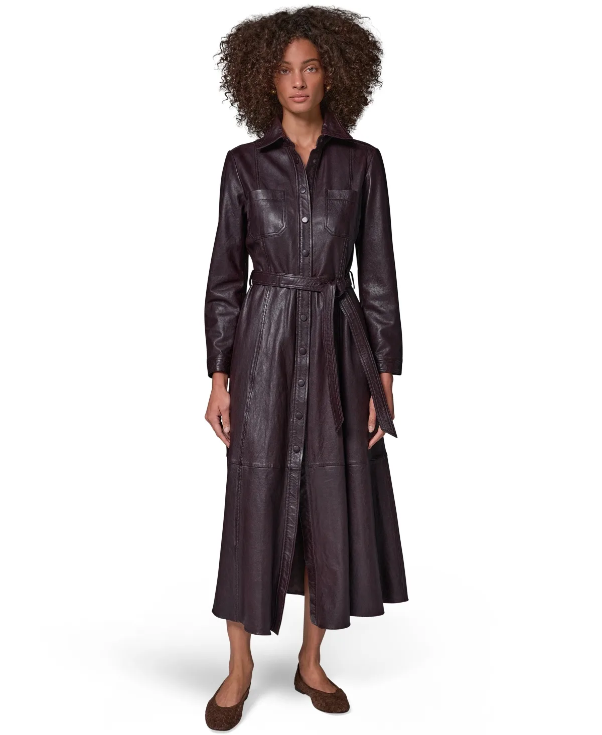 Long-Sleeve A-Line Collared Leather Shirt Dress by Donna Karan Weekend