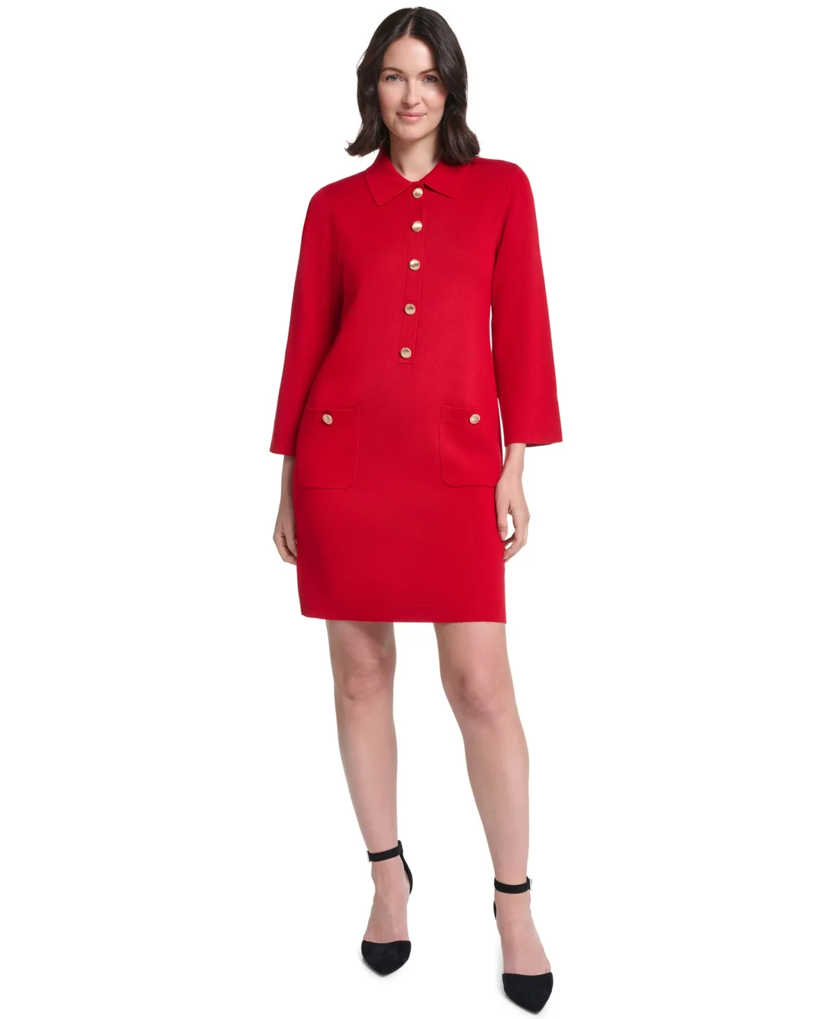 Collared Button-Front Long-Sleeve Midi Dress by Jessica Howard
