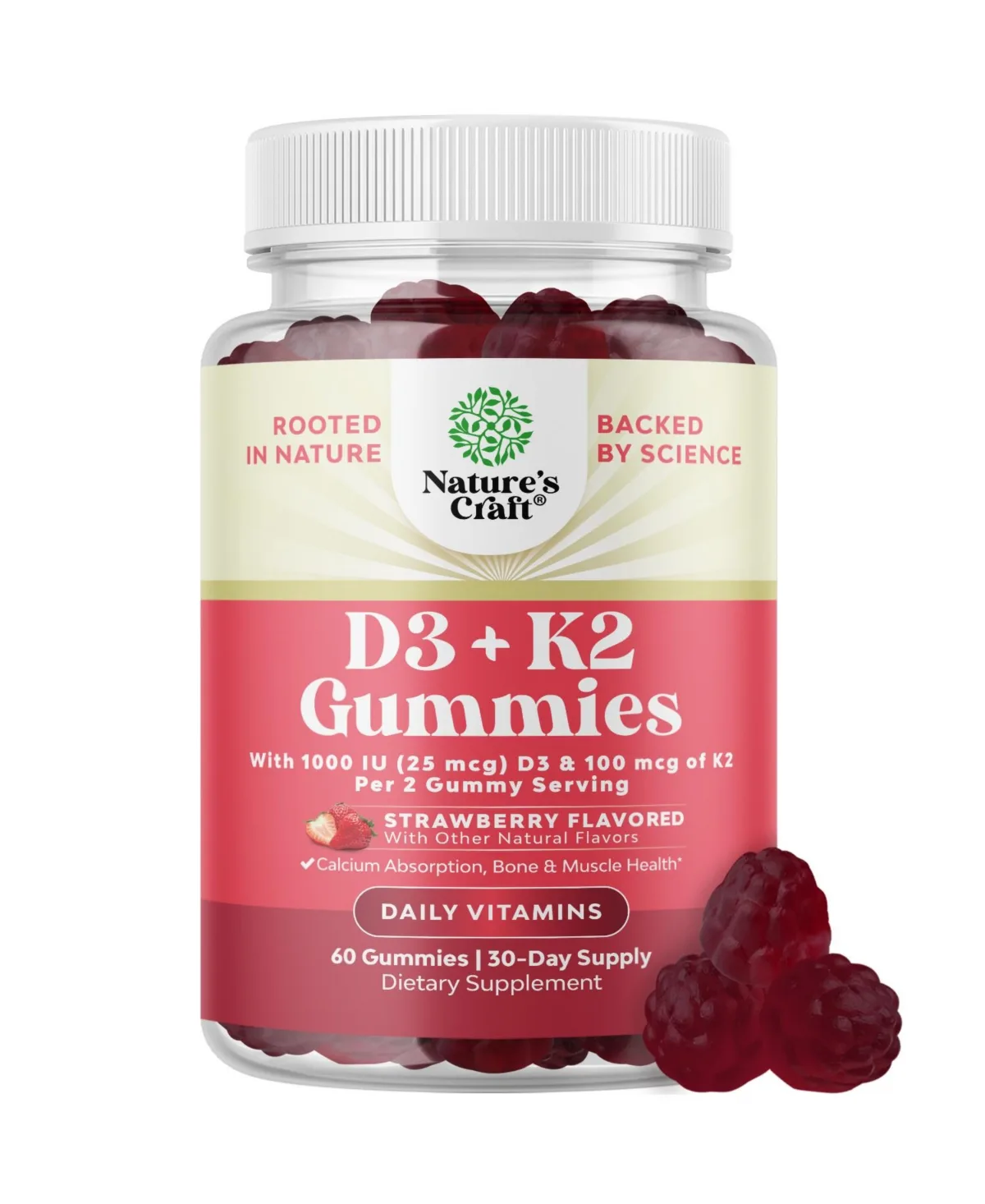 Vitamin D3 K2 Gummies, 1000 IU Vitamin D3 and 100 Mcg K2, Strawberry Flavor, 60 Count by Natures Craft