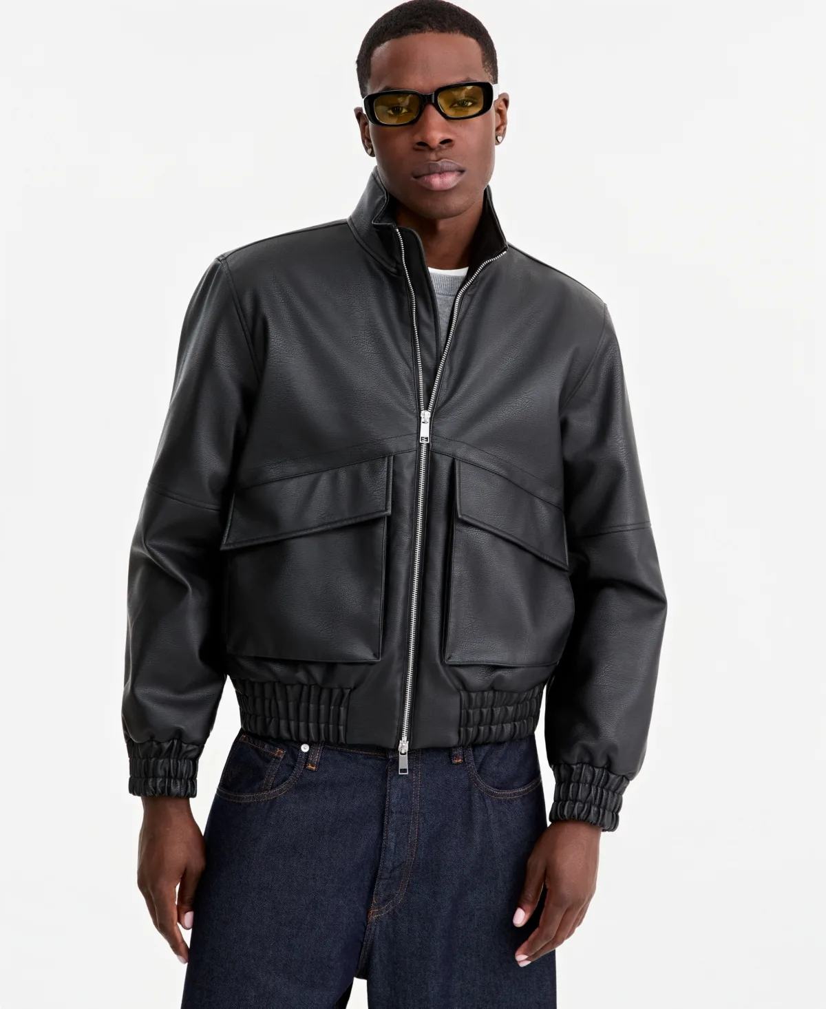 Faux Leather Relaxed-Fit Bomber Jacket by Mode of One