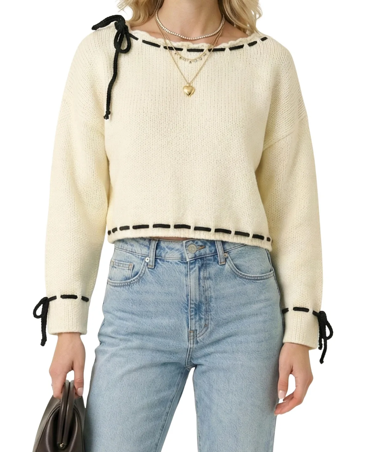 Cropped Long-Sleeve Scalloped-Boatneck Sweater